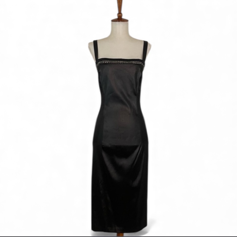 Vintage Sleeveless Dress Women’s L Black LBD Rhinestone Square‎ Neck Sheath Midi